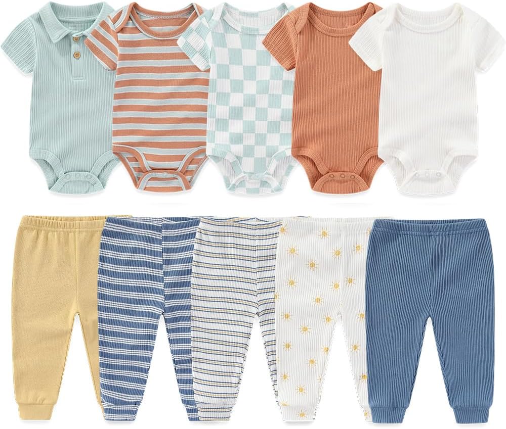 Kiddiezoom Newborn Baby Layette Set 10-Piece with Bodysuits and Pants Set for Unisex Baby Gift Sets