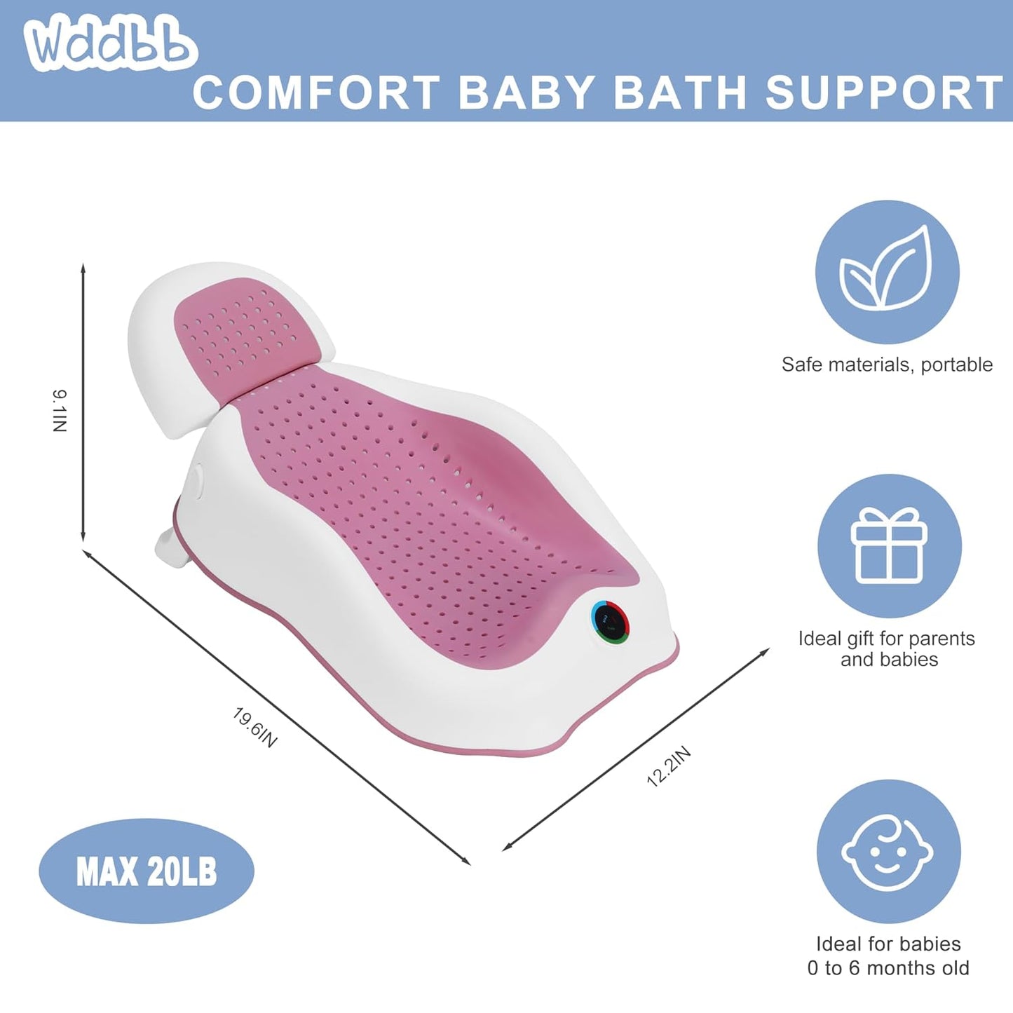 Baby Bath Support,Ideal for Babies Less Than 6 Months Old,with Thermometer-Adjustable Slope Newborn