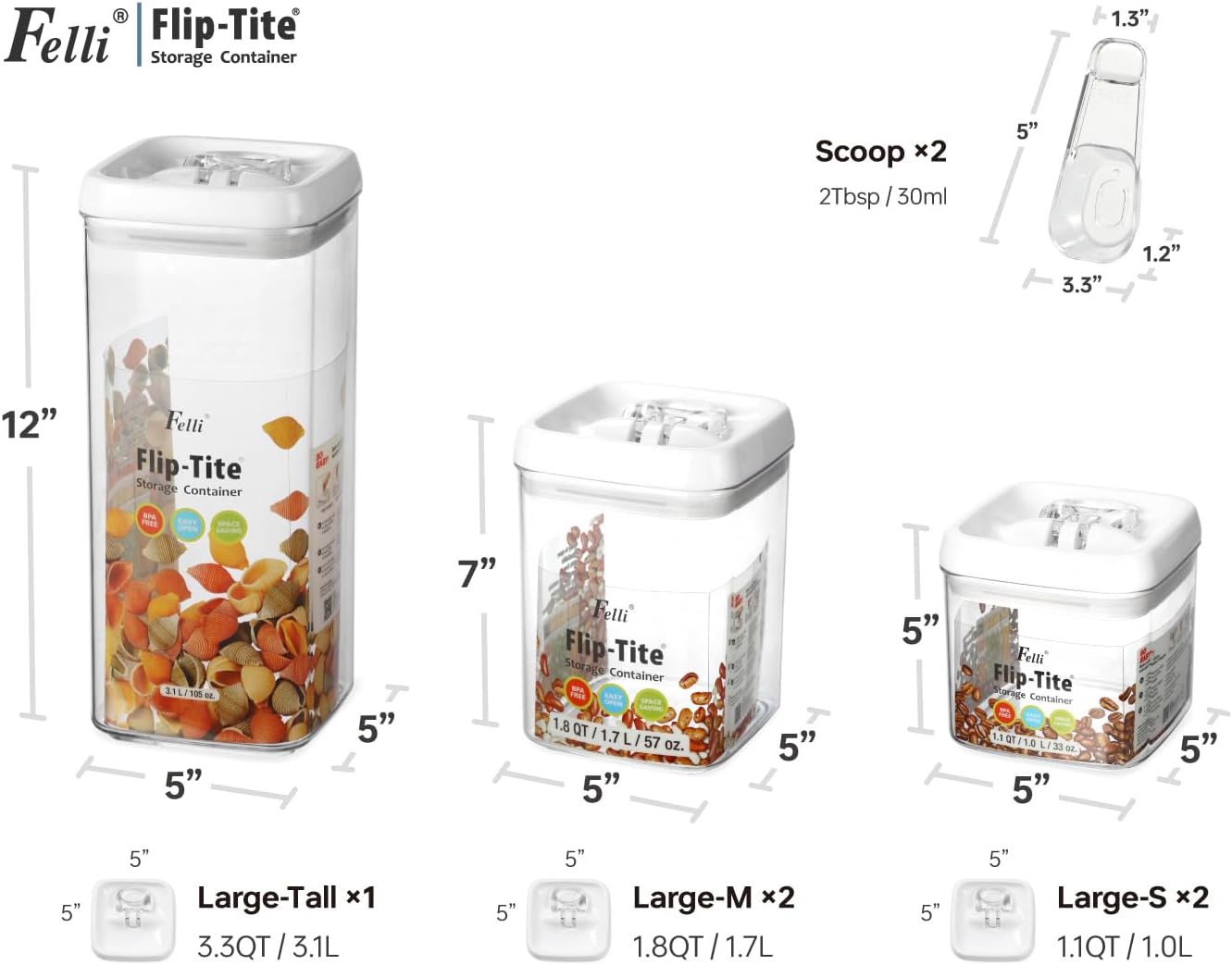 Felli Flip Tite Food Storage Container 5" LARGE 5pk Set + No Residue Label, Airtight Lid Easy Lock