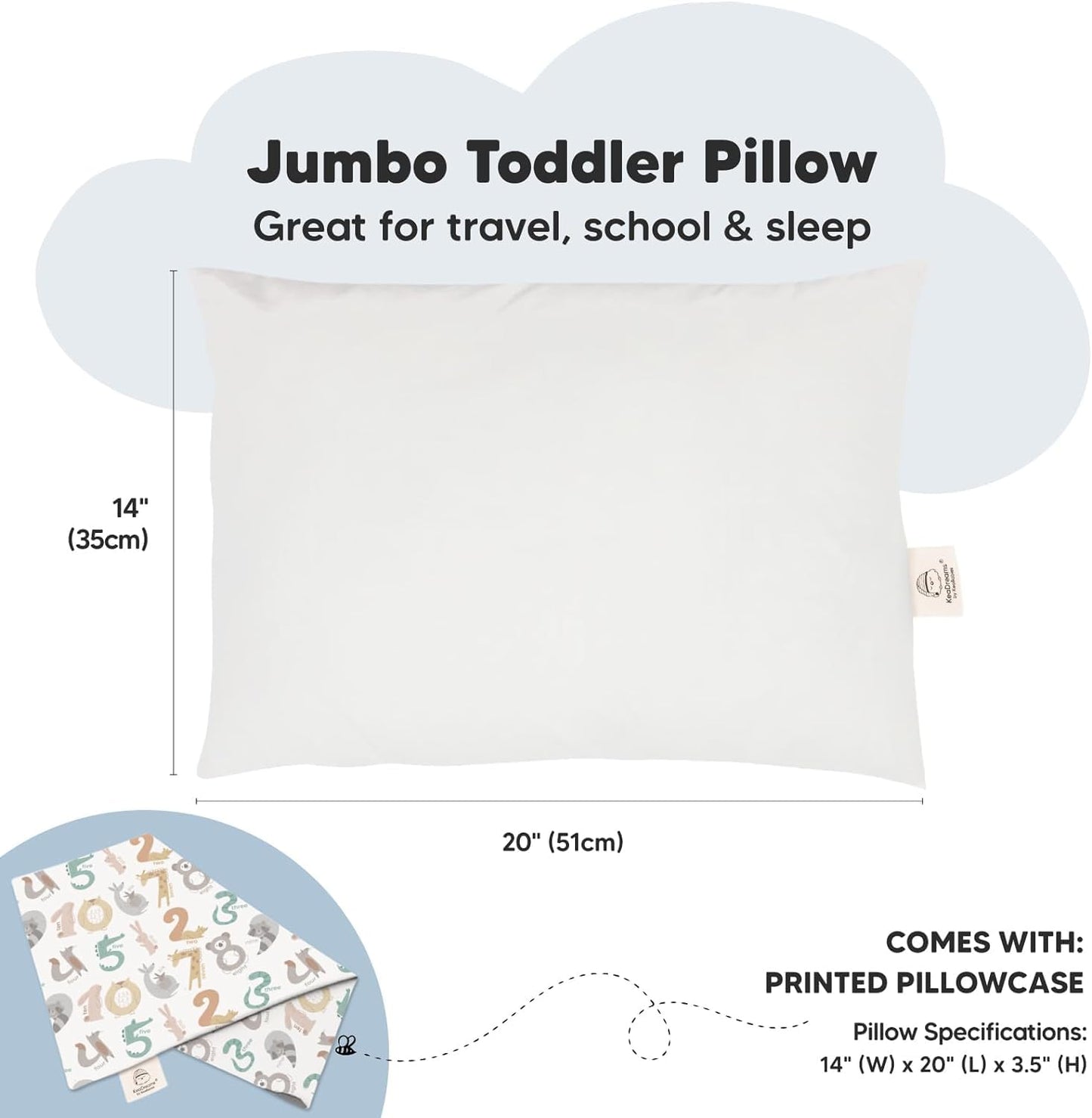 KeaBabies Toddler Pillow with Pillowcase, Jumbo 14X20 - Soft Organic Cotton Toddler Pillows for Sleeping - Machine Washable - Perfect for Travel, Toddler Bed Set (Wild Count)
