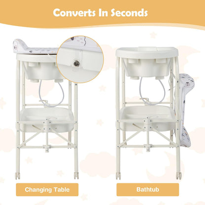 HONEY JOY Baby Changing Table with Bathtub, Foldable Infant Diaper Changing Station with Wheels