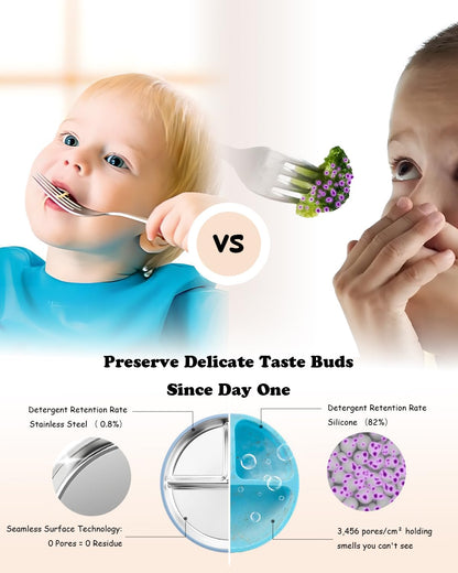 Stainless Steel Toddler Plate with Suction, 8” Divided Plates with Removable Silicone Sleeves for Baby, Non Toxic Unbreakable Kids Snack Dishes Set of 4, Sage Blue Beige Lilac