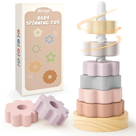 Joyreal Wooden Spinning Stacking Toys, Neutral Ring Stacker Montessori Toys for Toddlers 1-3
