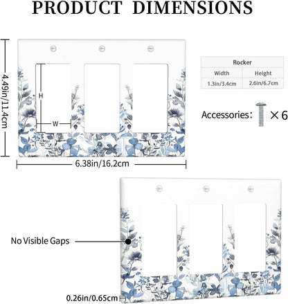 Light Switch Covers Light Blue Watercolor Leaves Plant With Floral 3 Gang Rocker Electrical GFCI Decorative Triple Outlet Wall Plate Cover Switchplate for Bedroom Bathroom Decor
