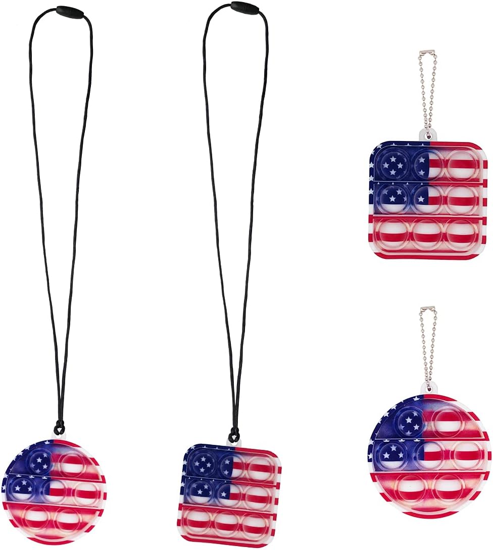Pop It Fidget Necklace, Mini Fidget Toy Keychain, Simple Dimple Popper, Anxiety Relief Toys, Small Push Pop Bubble Sensory, Sensory Necklace Toys for Boys and Girls (American Flags)