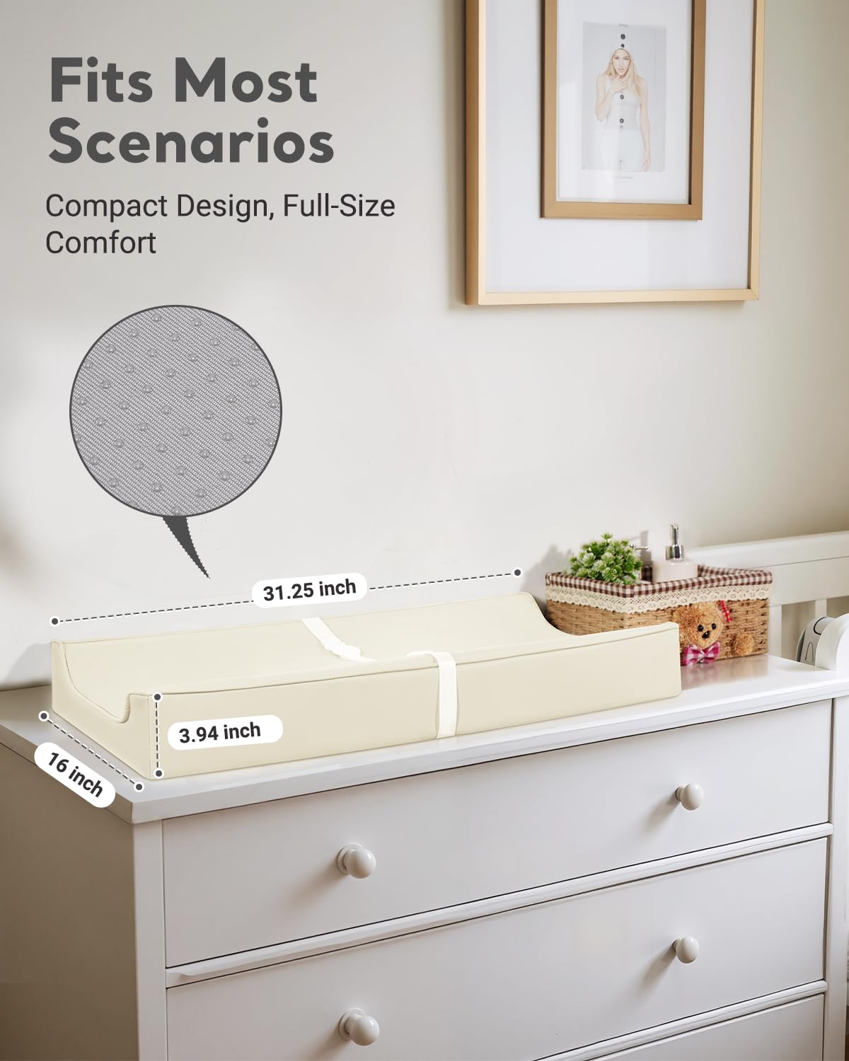 Vegan Leather Waterproof Baby Changing Pad - Wipeable, Extra Thick & Portable & Non-Slip Diaper Mat for Dresser, Crib, Travel | Soft & Safe (White)