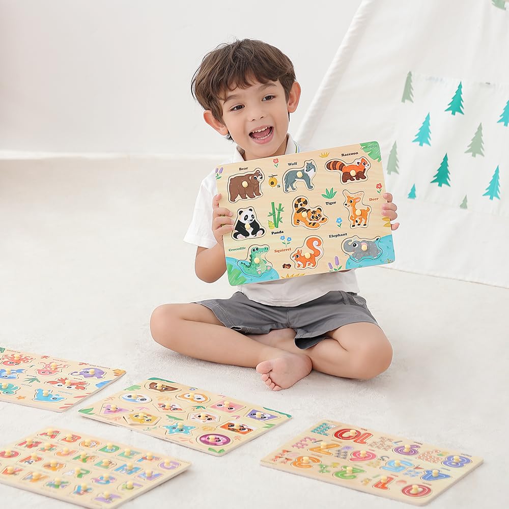 GRINNNIE Wooden Puzzles for Toddlers 3 4 5 Years Old, Montessori Toddler Toys 5PCS Peg Puzzles with