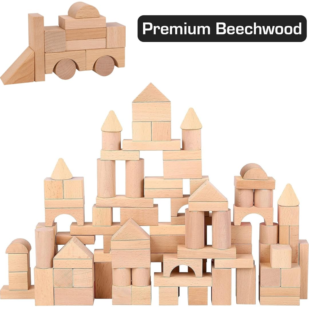100 Pcs Wooden Blocks for Toddlers 1-3 Building Blocks for Kids