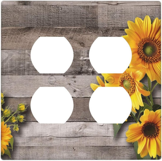 Sunflower Rustic Brown Gray Wood Outlet Covers 2 Gang Double Duplex Decorative Light Switch Covers