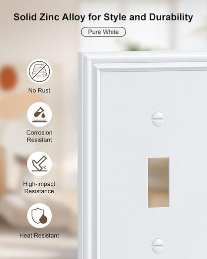 6-Pack Single Toggle Light Switch Cover Plate, Durable Solid Zinc Alloy Decorative Switch Plate Covers, White 1 Gang Wall Plate, Corrosion Resistant
