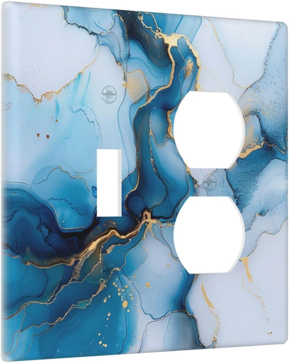 Decorative Outlet Covers Modern Abstract Blue Gold Line Marble 2 Gang Wall Plate Cover Single Toggle Duplex Combo Two Switch Light Switch Cover Plate Jumbo Dual GFCI Faceplate