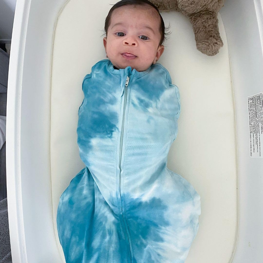 Happiest Baby Sleepea 5-Second Swaddle - 100% Organic Cotton Baby Swaddle Blanket - Doctor Designed Promotes Healthy Hip Development (Tie Dye Blue, Medium)
