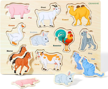 GRINNNIE Wooden Toddler Puzzle for Age 2 3 4 Years Old, 6 PCS Toddlers Learning Puzzle Set - Animal, Fruit, Sea Creature and Vehicle, Educational Toy Birthday for 3-5 Boys Girls