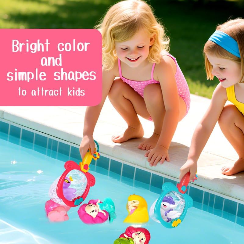 No Hole Bath Toys for Kids Ages 1-3, 8 Pcs Girl Bath Toys with Storage and Net, Sealed & Squeezable