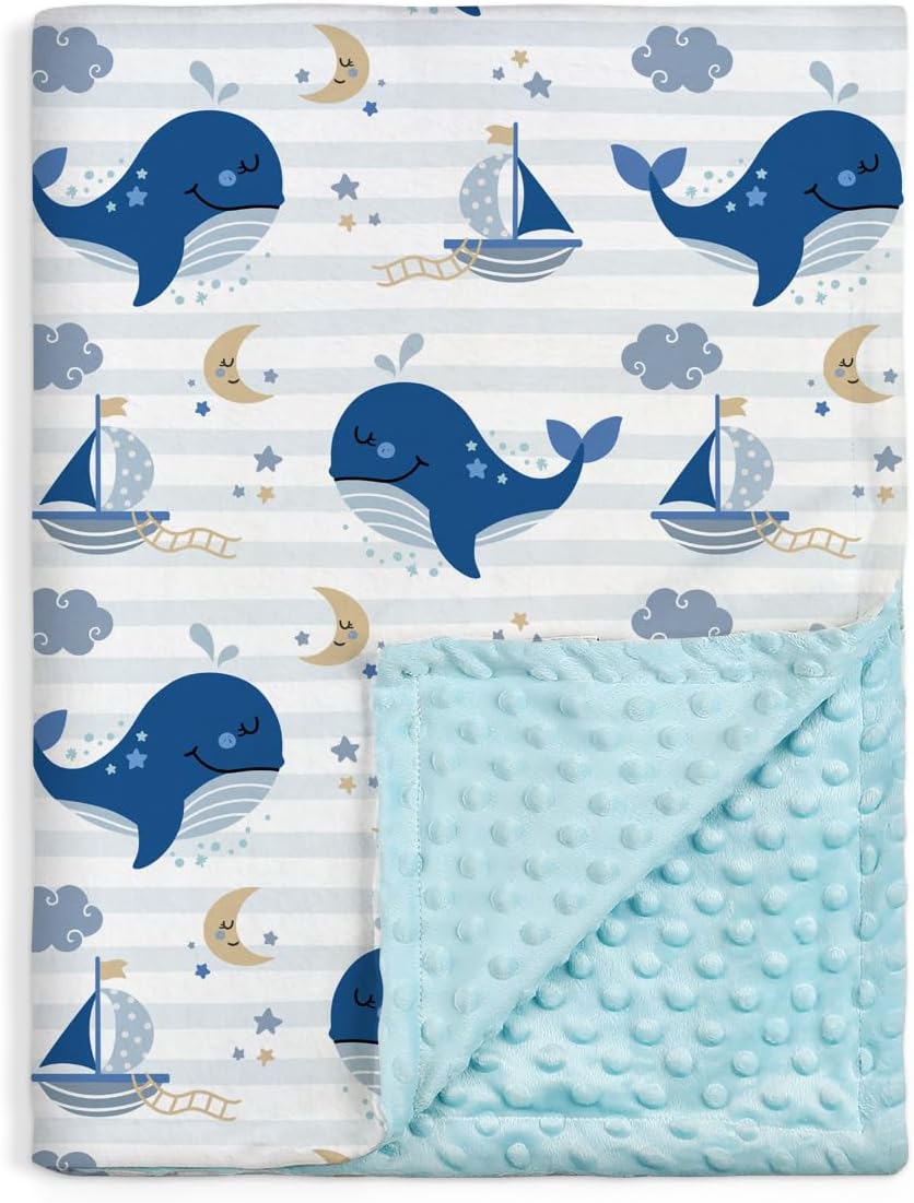 Whale Kid Blanket for Boys or Girl 30x40 - Soft Kids Throw Minky Blankets with Dotted Backing