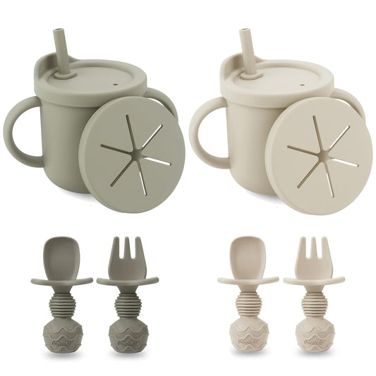PandaEar 2 Pack Silicone Baby Straw & Snack Cup with 2 Spoons 2 Forks, Dual-Purpose Toddler