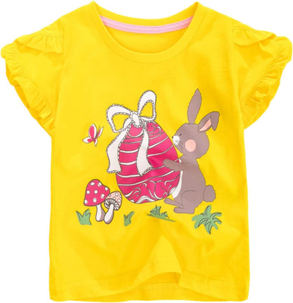 HILEELANG Girls' Tees Ruffle Short Sleeve T-Shirt Cotton Casual Graphic Summer Crewneck Tunic Tops