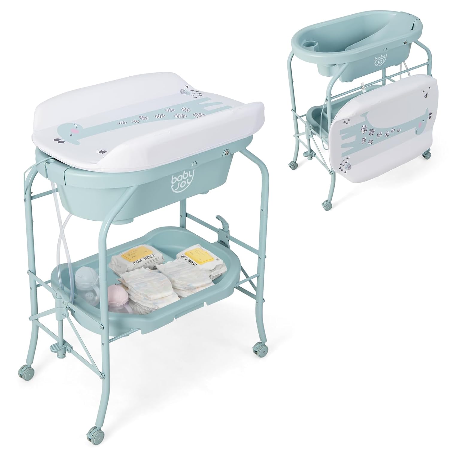 BABY JOY Baby Bathtub with Changing Table, Foldable Infant Diaper Changing Station with Storage