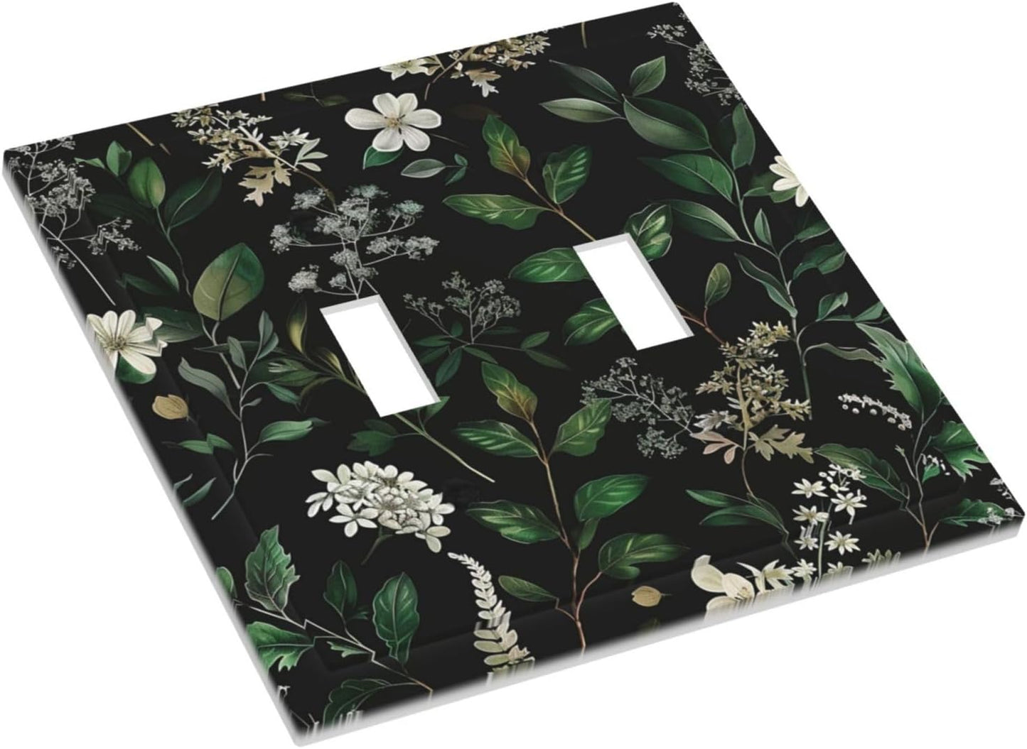 Decorative Switch Covers Plate Rustic Green Leaves White Flower 2 Gang Wall Plate Unique Double Toggle Light Switch Plate Wall Cover Plate Faceplate for Country Bedroom Home Decor