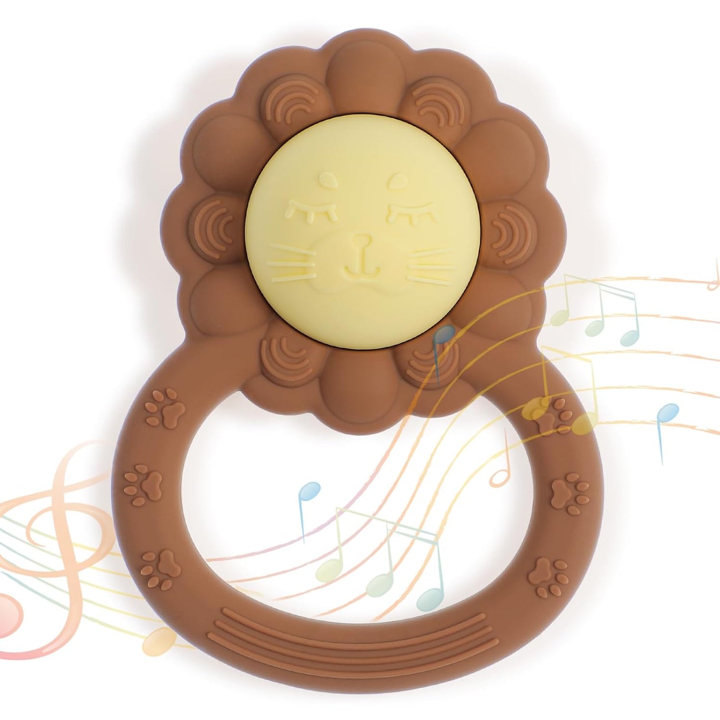 Rattle Teether, Lion Shape Montessori Baby Sensory Teething Toys, Food Grade Silicone BPA Free, Newborn Essentials Must Haves (Daffodil Clay)