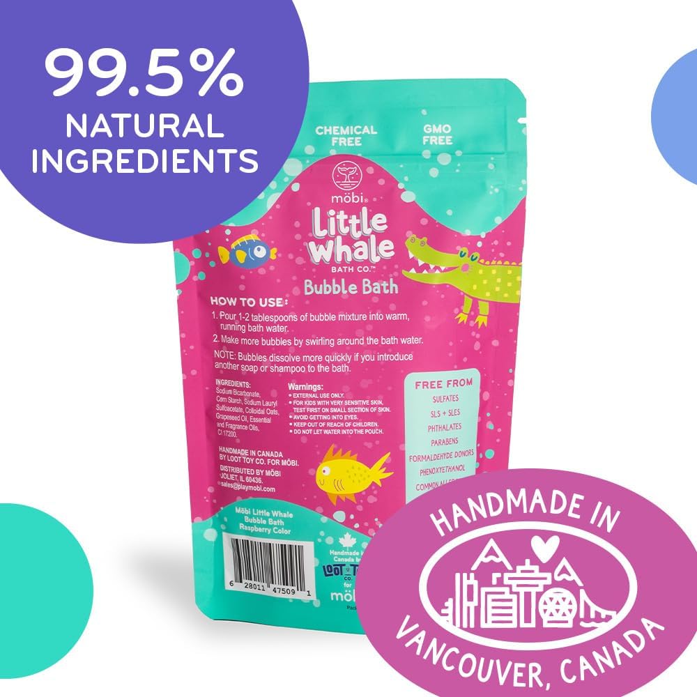 Mobi Little Whale Bubble Bath, Tropical Fruity Raspberry Scent Kids Body Wash, Gentle Moisturizing