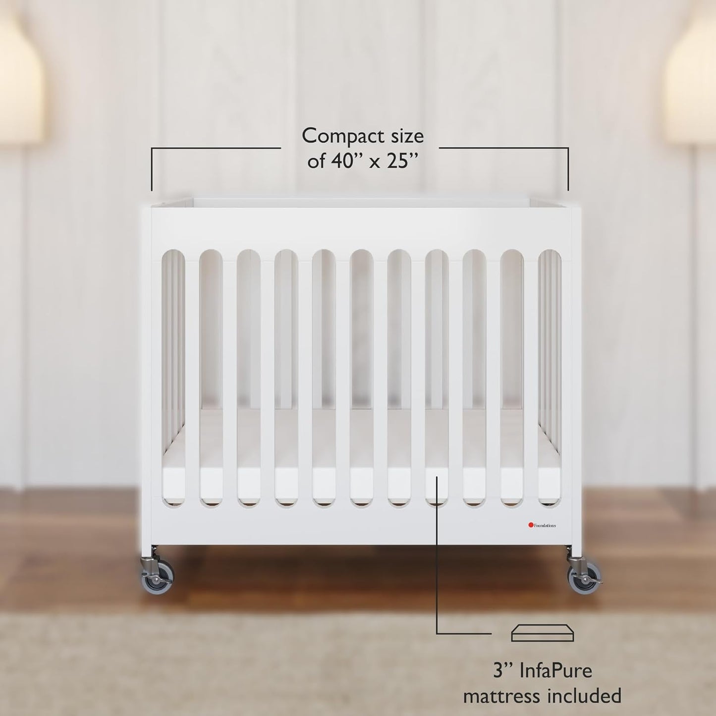 Foundations Boutique Folding Mini Baby Crib - Compact, Portable, Wooden Hotel Crib, Foldable