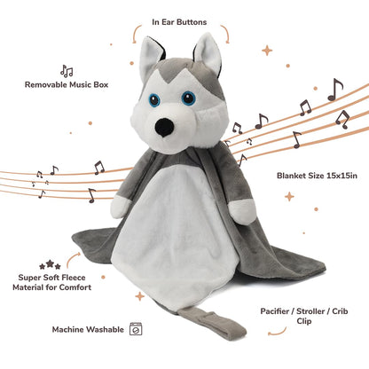 Love By Emi Baby Music Lovey Grey & White Husky, Baby Sleep Soother for Crib & Cuddle Bedtime, White Noise with Heartbeat & Lullaby, Plush Sound Toy, Stuffed Animal for Newborns, Infants & Toddlers