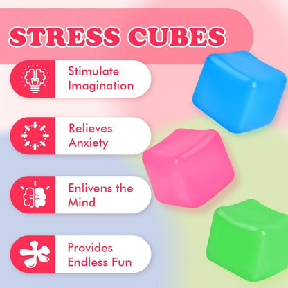 3 Pack Stress Cube - Squishy Sensory Fidget Toy for Adults and Kids, Anxiety Relief Toys with Groovy Goo Filling in Pink Blue Green