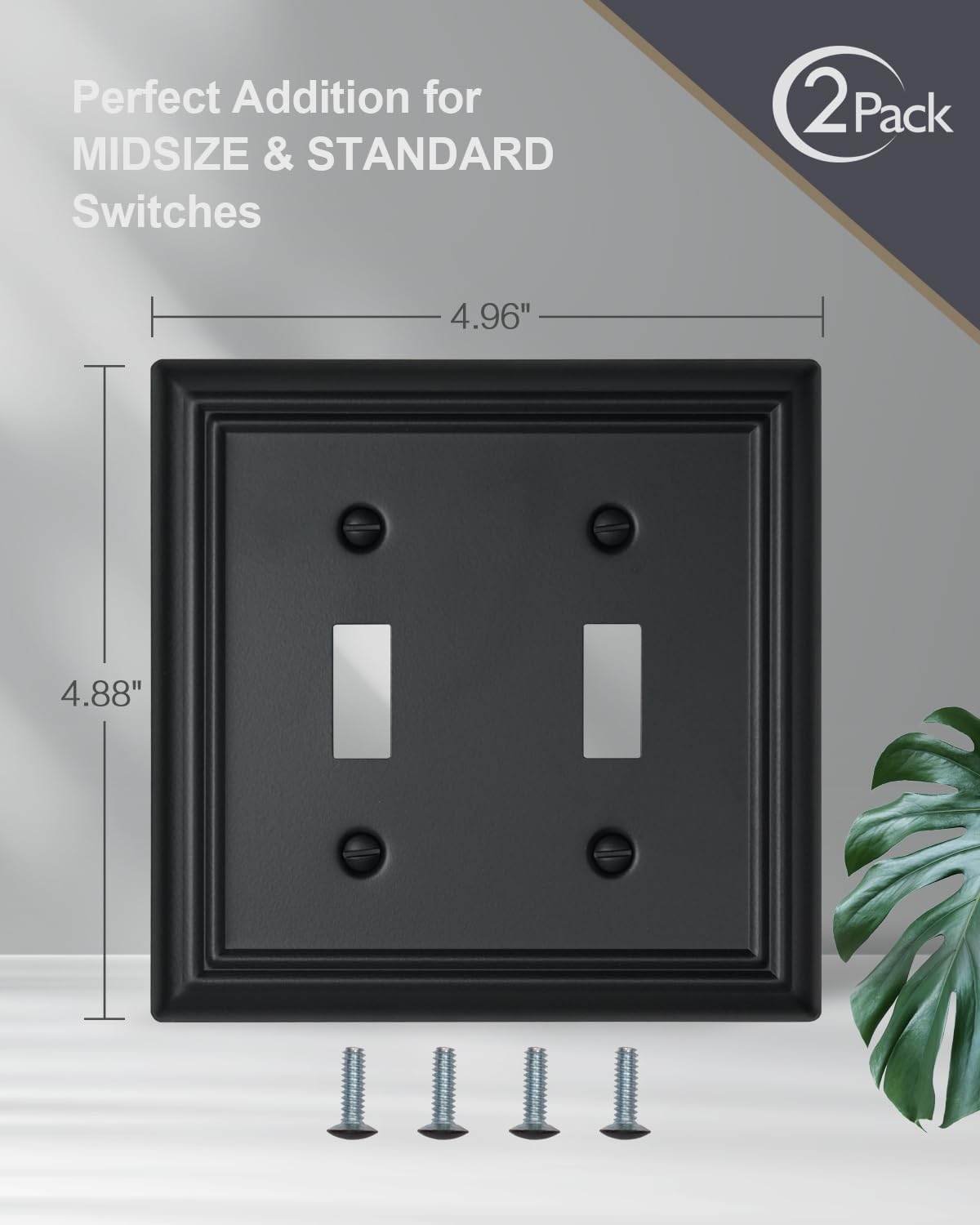 2-Pack Double Toggle Wall Plates, Durable Metal Light Switch Covers, Decorative Switch Plate Covers with Black Finish, 4.96''*4.88'', Midsize