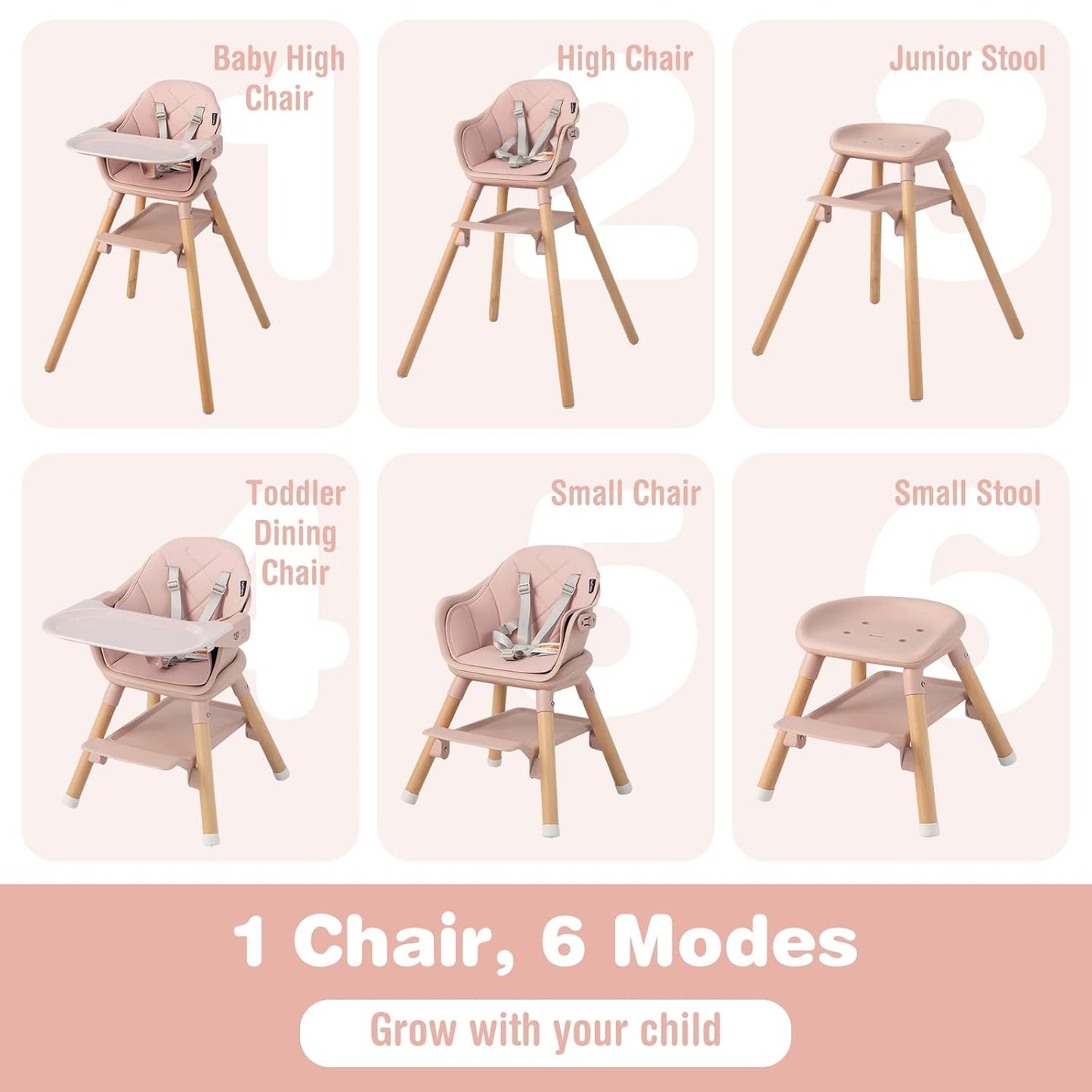 BABY JOY Baby High Chair, 6 in 1 Convertible Wooden High Chair for Babies & Toddlers with