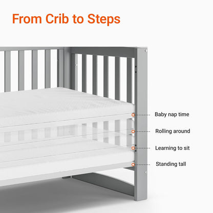 EvoNest Baby Crib, 11 in 1 Convertible Mini Crib with Wheels, 100% New Zealand Wood Growing Bed, 4 Adjustable Mattress Height,Grey