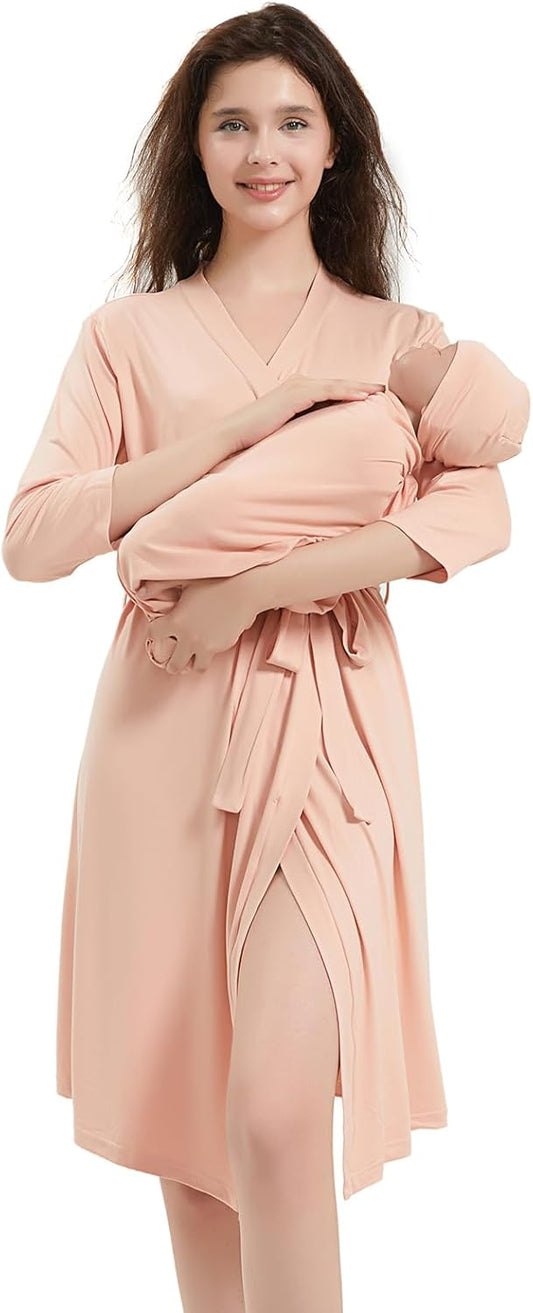 Galabloomer Maternity Robe and Baby Receiving Blanket, Matching Mommy Labor Delivery Robe and Swaddle Set (l, pink sand)