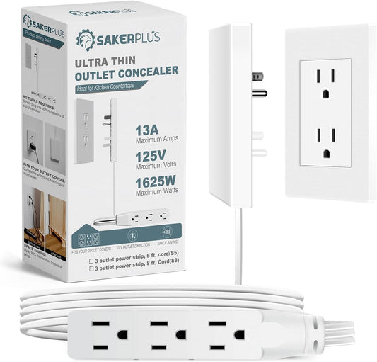 Outlet Concealer Power Strip-Outlet Cover Extender with 3AC Outlets-8ft Flat Plug Extension Cord,Universal Size,1625W for Kitchen, Home and Office,Child & Pet Safe(8 Foot)
