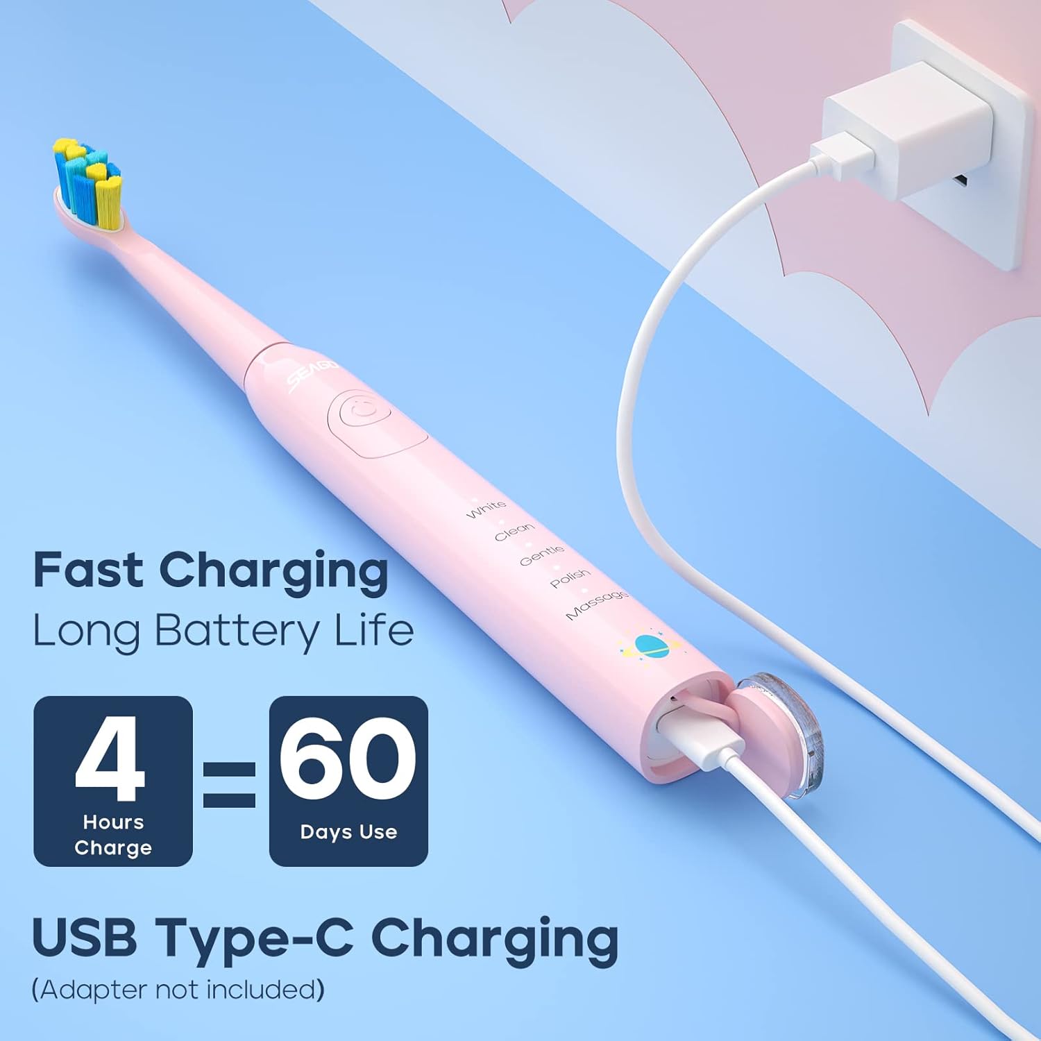 SEAGO Kids Electric Toothbrush, Sonic Soft Bristle Rechargeable Toothbrushes with DIY Stickers, 5