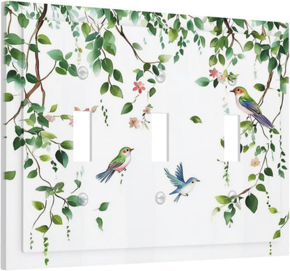 Decorative Switch Plates Green Leaves Bird Eucalyptus Sage Plant 3 Gang Wall Plate Triple Toggle Light Switch Cover Faceplate Electrical Wall Panels For Bed Room Living Room Decor
