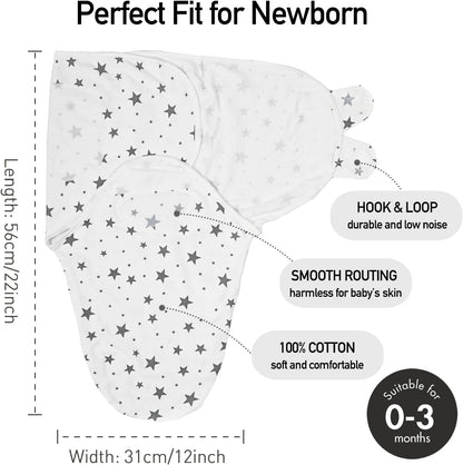 GLLQUEN BABY Newborn Swaddle Blankets for Baby Boy, 3 Pack Baby Swaddles 0-3 Months, Swaddling Sleep Sack, Infant Wrap Swaddle Sack, Elephant & Star & Stripe, Newborn Essentials