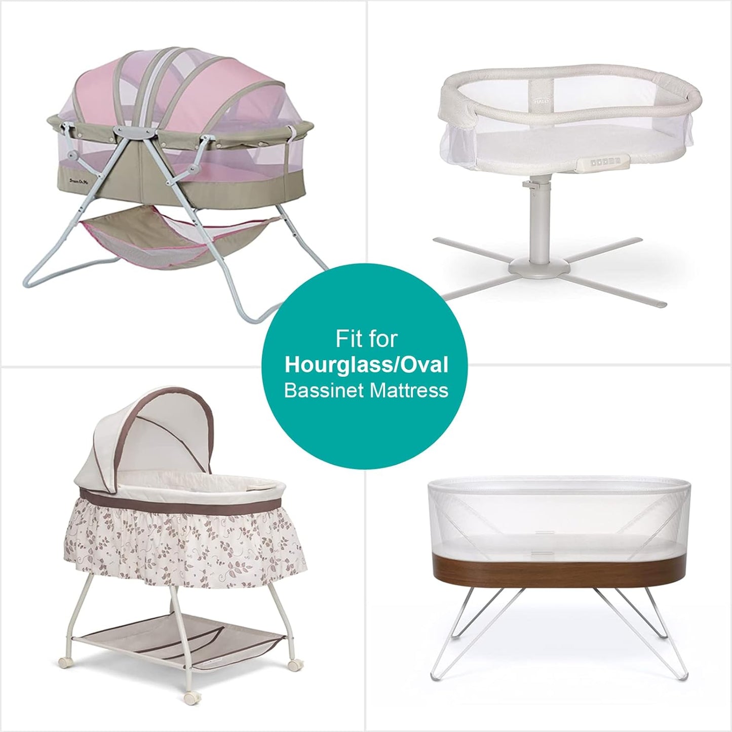 Waterproof Bassinet Sheets Fit for Hourglass, Oval Bassinet Mattress, 100% Cotton Fitted Sheet for Standard Bassinet Mattress, 2 Pack, Ultra Soft for Baby, White