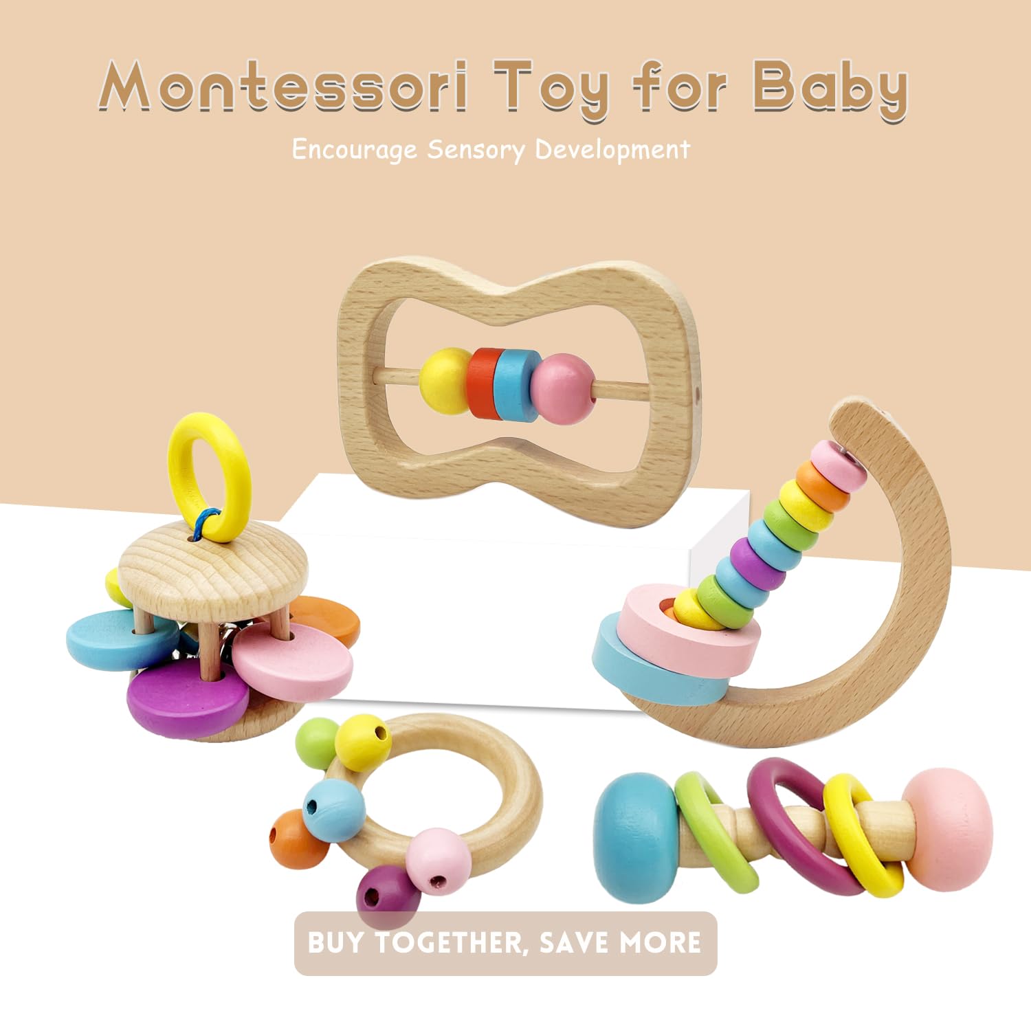 Wooden Baby Rattle, Organic Colorful Baby Rattles Set, Toddler Hand Wooden Rattles Toy Set for