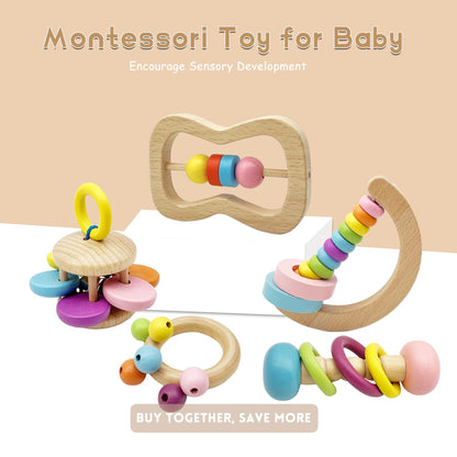 Wooden Baby Rattle, Organic Colorful Baby Rattles Set, Toddler Hand Wooden Rattles Toy Set for