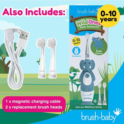 brush-baby WildOnes Kids Electric Rechargeable Toothbrush Elephant, 1 Handle, 3 Brush Heads, USB