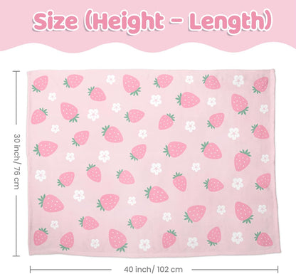 Strawberry Minky Baby Blanket 30 x 40 Inches for Girls, Soft Plush Receiving Blanket with Dotted