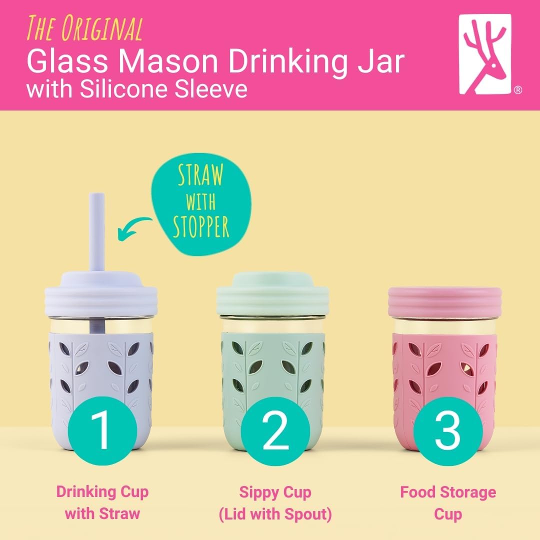 Elk and Friends Kids & Toddler Cups | The Original Glass Mason jars 8 oz with Silicone Straws with