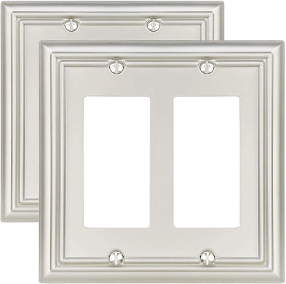 2-Pack Double Decorator Outlet Covers, Satin Nickel Wall Plates for Dimmer Switch, GFCI Outlet and Receptacal, Durable Metal, Midsize
