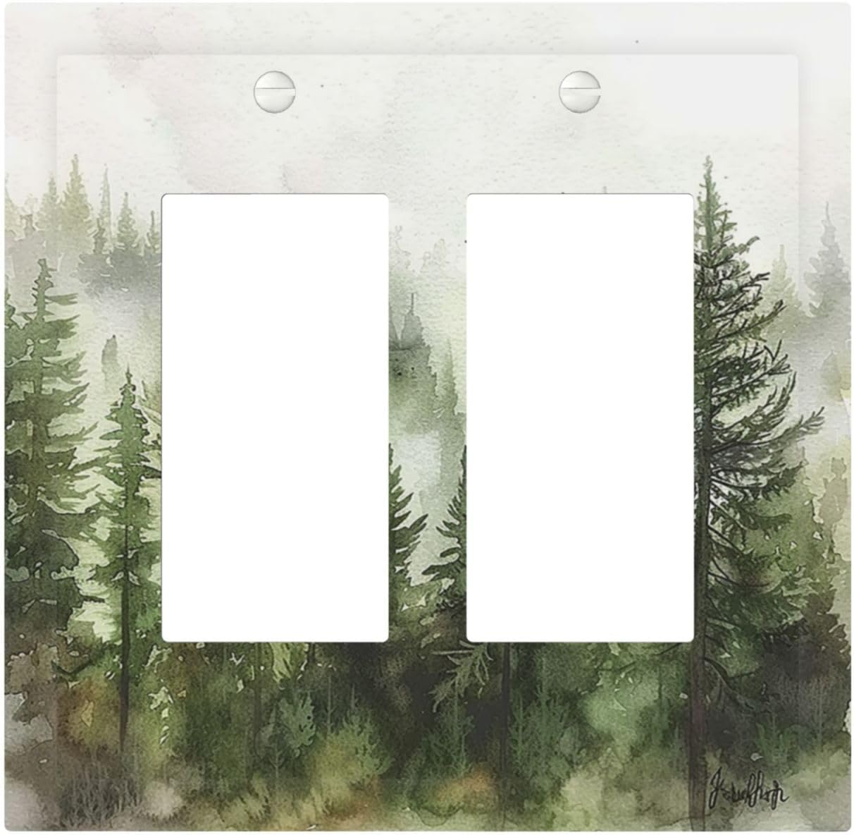 Decorative Outlet Covers Green Forest Watercolor Painting Foggy Pine 2 Gang Double GFCI Rocker Electrical Wall Panels Light Switch Cover Plate for Bedroom living Room Decor