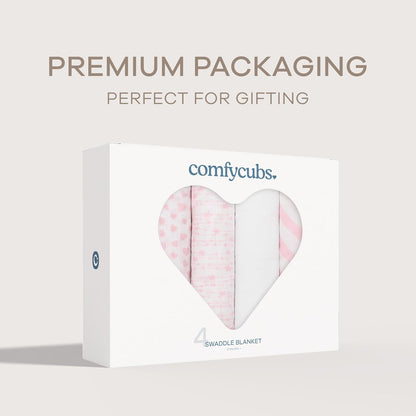 Comfy Cubs Muslin Swaddle Blankets Pack of 4, 47 x 47 Inches, Soft Cotton Baby Blanket Set, Large Multipurpose Swaddling Wraps for Newborns - Self-Soothing Swaddle - Pink