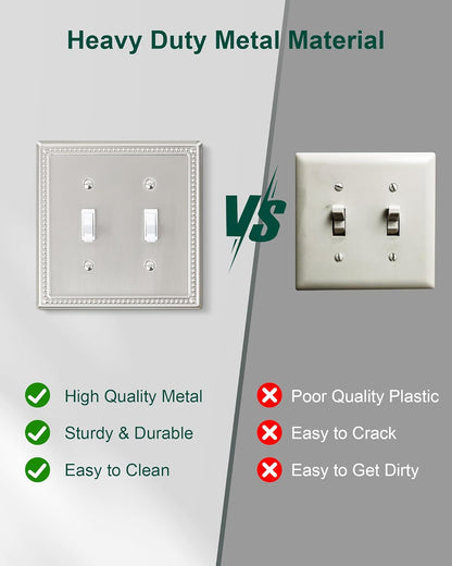 2-Pack Double Toggle Light Switch Cover Plate, Pearls Decorative Dual Switch Plate Covers, Brushed Nickel 2 Gang Metal Wall Plate, Corrosion Resistant
