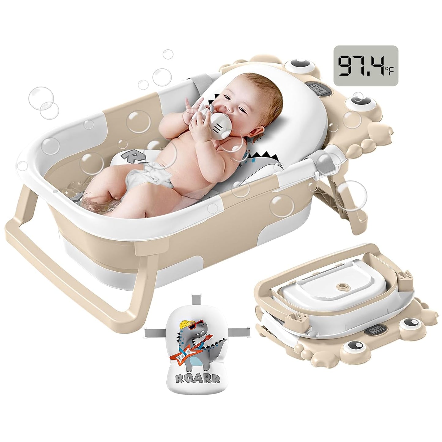 Collapsible Baby Bathtub for Infants to Toddler with Real-time Temp Monitor+Floating