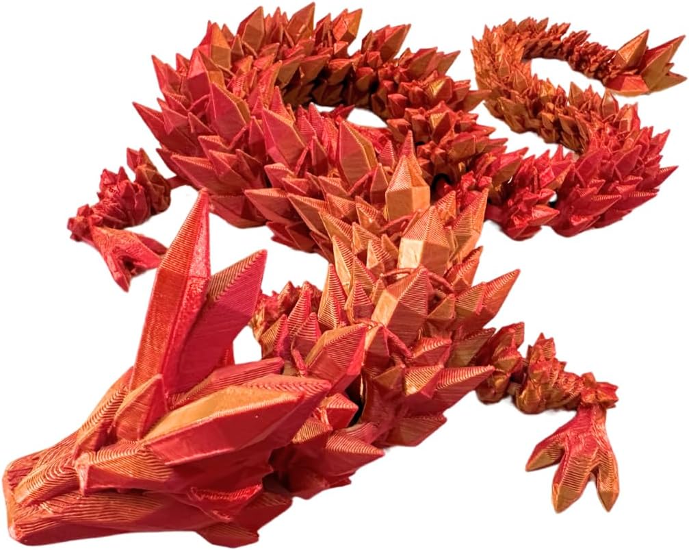 Crystal Dragon - Articulated Flexi Dragon - 3D Printed Gift (Adult, Red/Gold)