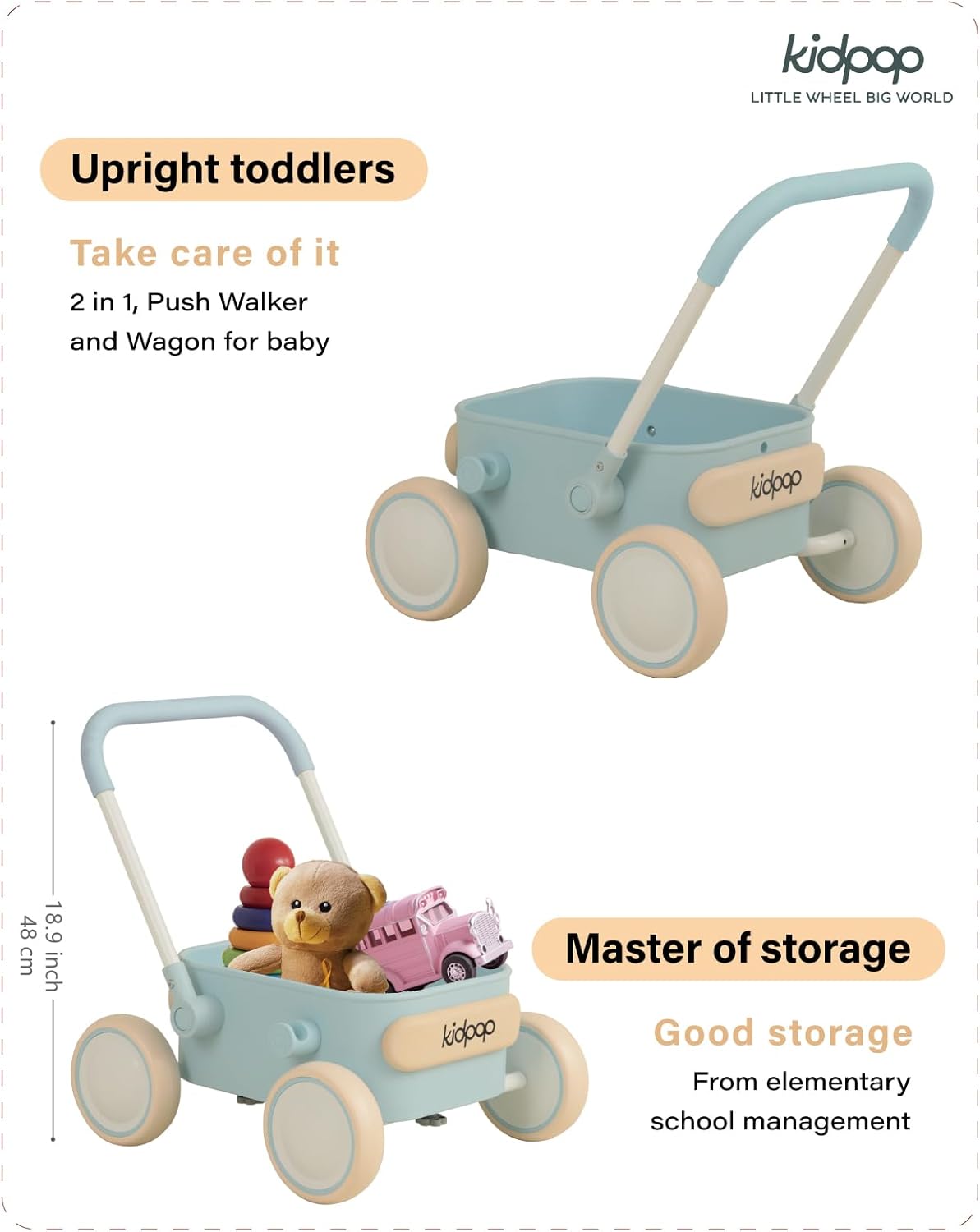 Kidpop PULA 2-in-1 Push and Pull-Along Wagon, Baby Push Walker for First Learner from 7 Month to 4 Year, One Year Birthday Gifts, Sturdy and Safe, Indoors and Outdoors (Blue)