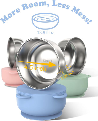 Baby Suction Bowls with Lids 4-Pack, 2-in-1 Stainless Steel 304 Toddler Bowl & Removable Silicone Suction Kids Bowl Plate Set Non Toxic Snack Dishes for Self-Feeding, Organic Bloom